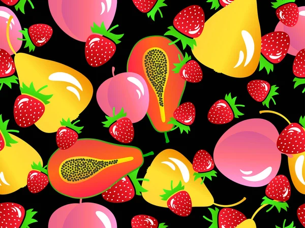 Nahtloses Muster Mit Papaya Birnen Und Pfirsichen Und Erdbeeren Auf — Stockvektor