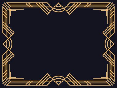 Art deco çerçeve. Siyah arka planda altın renkli klasik doğrusal kenar. Davetiyeler, broşürler ve tebrik kartları için bir şablon tasarla. 1920 'lerin tarzı - 1930' lar. Vektör illüstrasyonu