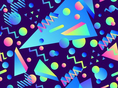 80 'lerin tarzında 3 boyutlu geometrik kusursuz desen. Gradyan renklerle üç boyutlu izometrik şekiller. Geometrik memphis tarzı. Promosyon ürünleri, ambalaj kağıdı ve baskı için tasarım. Vektör illüstrasyonu