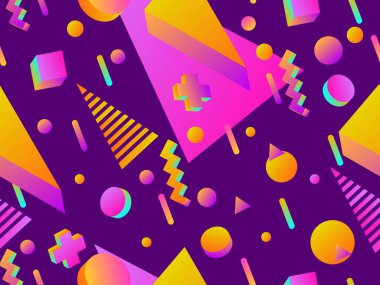 80 'lerin tarzında 3 boyutlu geometrik kusursuz desen. Gradyan renklerle üç boyutlu izometrik şekiller. Geometrik memphis tarzı. Promosyon ürünleri, ambalaj kağıdı ve baskı için tasarım. Vektör illüstrasyonu