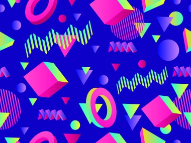 80 'lerin tarzında 3 boyutlu geometrik kusursuz desen. Gradyan renklerle üç boyutlu izometrik şekiller. Geometrik memphis tarzı. Promosyon ürünleri, ambalaj kağıdı ve baskı için tasarım. Vektör illüstrasyonu