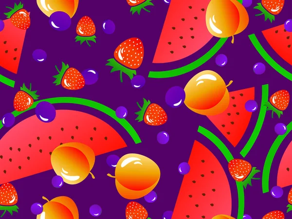 Seamless Pattern Watermelon Peach Strawberry Blueberry Summer Exotic Fruit Mix — Stock Vector