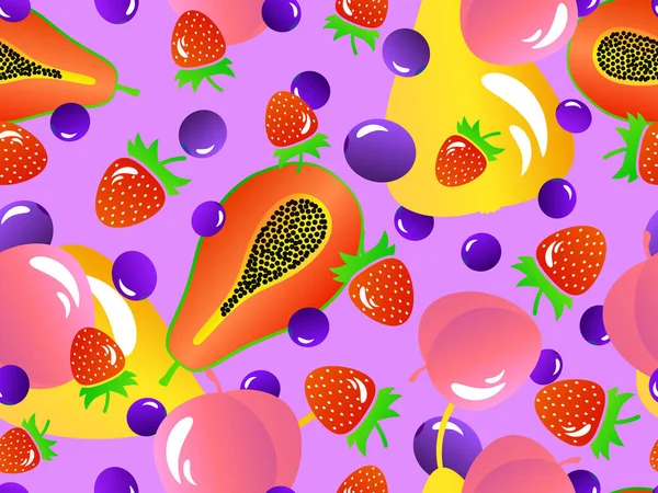パパイヤ イチゴ ブルーベリー 桃とシームレスなパターン 3Dスタイルでグラデーション色と夏エキゾチックなフルーツミックス バナー ポスター 販促資料のデザイン ベクターイラスト — ストックベクタ