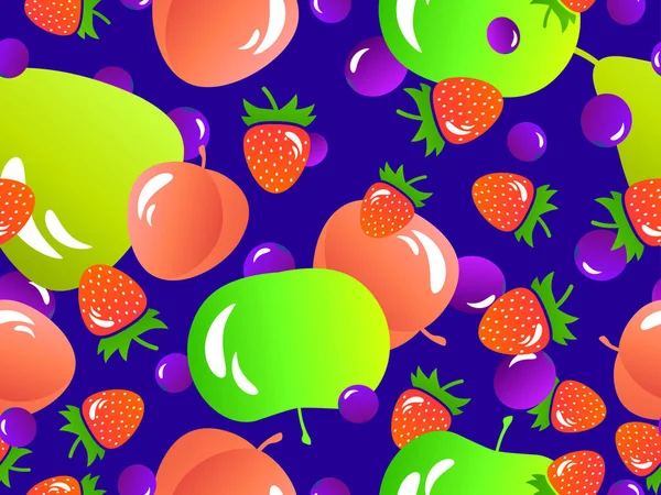 Seamless Pattern Apple Peach Strawberry Blueberry Pear Summer Exotic Fruit — Stock Vector