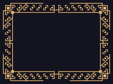 Art deco çerçeve. Siyah arka planda altın renkli klasik doğrusal kenar. Davetiyeler, broşürler ve tebrik kartları için bir şablon tasarla. 1920 'lerin tarzı - 1930' lar. Vektör illüstrasyonu