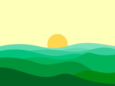 Yeşil tepeli dalgalı bir manzara ve ufukta güneş var. Minimalist tarzda yeşil çayırlı şafak. Posterler, baskılar ve afişler için tasarım. Vektör illüstrasyonu