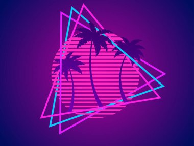 Güneş ve palmiye ağaçlarının üçgen çerçeveli olduğu Retro dalgalar pankartı. 80 'lerin tarzında palmiye ağaçlarının olduğu fütüristik geçmişe dönük günbatımı, eğim rengi. Sentetik dalga tarzı. Pankart ve poster için tasarım. Vektör illüstrasyonu