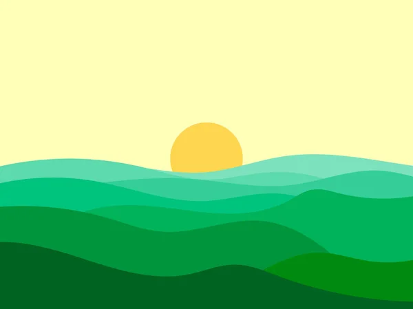 Волнистый Пейзаж Зелеными Холмами Солнцем Горизонте Рассвет Зелеными Лугами Минималистском — стоковый вектор