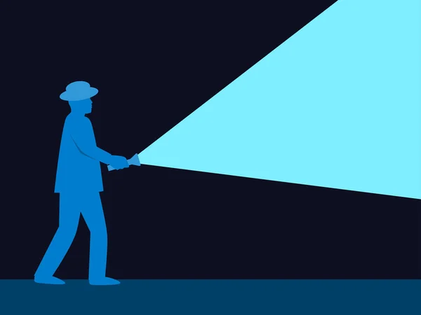 Man Shines Flashlight Male Silhouette Hat Holds Flashlight His Hand — Stock Vector
