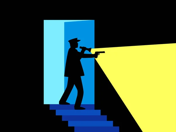 Egy Rendőr Pisztollyal Zseblámpával Lépcsőn Nyitott Ajtó Egy Férfival Aki — Stock Vector