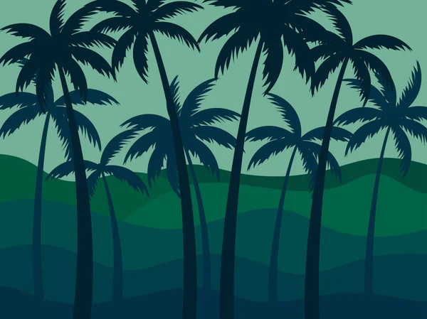 Tropický Palmový Les Palmy Popředí Pozadí Vlnitá Krajina Kopci Obzoru — Stockový vektor