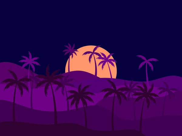 Tropical Landscape Palm Trees Sunset Silhouettes Palm Trees Hills Design — Stockvektor