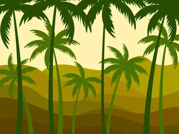 熱帯ヤシの森 前景と背景のヤシの木 ミニマルなスタイルで地平線の丘と波の風景 ポスター プリント バナーのデザイン ベクターイラスト — ストックベクタ