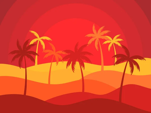 Falisty Krajobraz Pustyni Słońcem Palmami Stylu Cięcia Papieru Wschód Słońca — Wektor stockowy