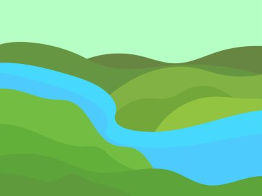 Yeşil alanlar ve minimalist tarzda bir nehir. Çayırların ve ovaların dalgalı manzarası. Parmak izleri, posterler ve iç tasarım için tipografik boho dekoru. Modern orta çağ dekoru. Vektör illüstrasyonu