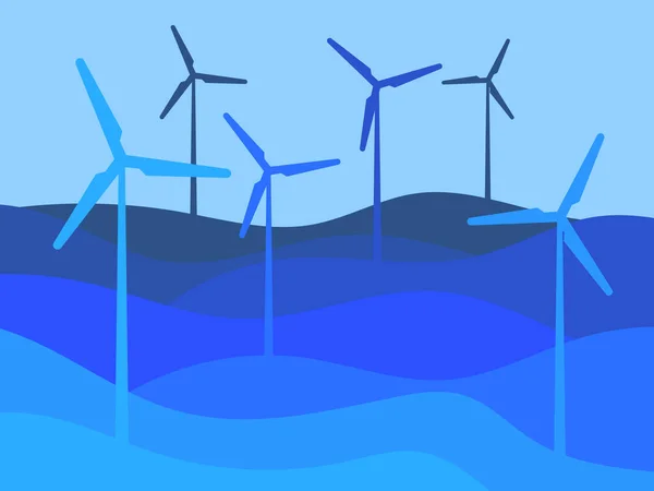 绿色能源 波浪形景观与风力涡轮机的简约风格 可再生能源 清洁发电 无害环境的风能 矢量说明 — 图库矢量图片