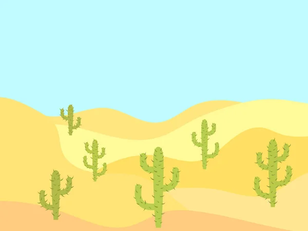Desert landscape with cacti in a minimalist style. Mexican desert with cacti. Western landscape with desert dunes and rolling hills. Design for posters, prints and banners. Vector illustration