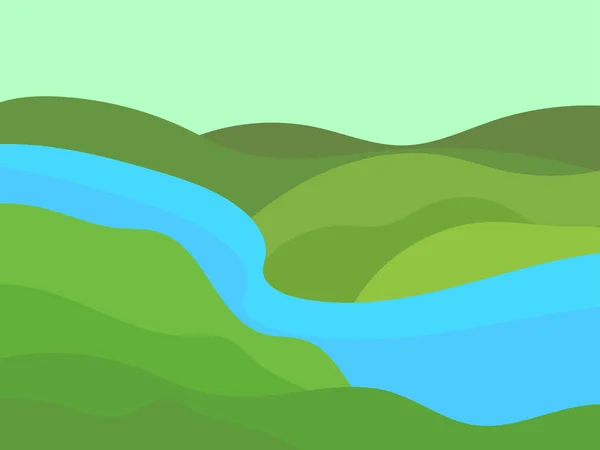 Yeşil Alanlar Minimalist Tarzda Bir Nehir Çayırların Ovaların Dalgalı Manzarası — Stok Vektör