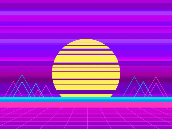 レトロな太陽と80年代スタイルの視点グリッドとレトロなSfの背景 仮想現実における未来的な風景 Synthwave Retrowave Style バナーやポスターのデザイン ベクターイラスト — ストックベクタ