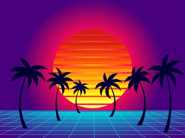 复古科幻小说背景与复古阳光 棕榈树和80年代风格的透视网格 带有棕榈树的未来派日落 合成波和逆波风格 横幅和海报的设计 矢量说明 — 图库矢量图片