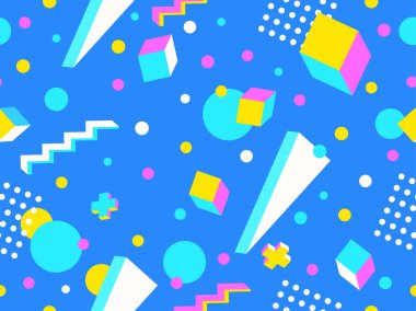 80 'lerin tarzında 3 boyutlu geometrik kusursuz desen. Üç boyutlu izometrik üçgenler, zikzaklar ve daireler. Geometrik memphis tarzı. Promosyon ürünleri, ambalaj kağıdı ve baskı için tasarım. Vektör illüstrasyonu