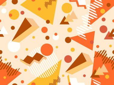 80 'lerin tarzında 3 boyutlu geometrik kusursuz desen. Üç boyutlu izometrik üçgenler, zikzaklar ve daireler. Geometrik memphis tarzı. Promosyon ürünleri, ambalaj kağıdı ve baskı için tasarım. Vektör illüstrasyonu