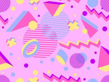 80 'lerin tarzında 3 boyutlu geometrik kusursuz desen. Üç boyutlu izometrik üçgenler, zikzaklar ve daireler. Geometrik memphis tarzı. Promosyon ürünleri, ambalaj kağıdı ve baskı için tasarım. Vektör illüstrasyonu
