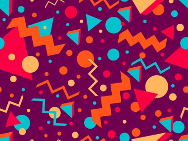 80 'lerin tarzında 3 boyutlu geometrik kusursuz desen. Üç boyutlu izometrik üçgenler, zikzaklar ve daireler. Geometrik memphis tarzı. Promosyon ürünleri, ambalaj kağıdı ve baskı için tasarım. Vektör illüstrasyonu