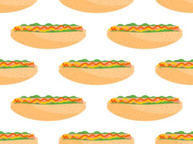 Sosisli sandviç pürüzsüz desen. Çörekte sosis, ketçap ve hardal. Ulusal Sosisli Günü. Sosisli sandviç popüler bir fast food. Afişler, posterler ve promosyon ürünleri için tasarım. Vektör illüstrasyonu