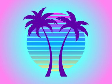 80 'lerin modası geçmiş bilim kurgu tarzında günbatımında palmiye ağaçları. Yaz zamanı. Gelecekçi güneş. Sentetik dalga ve retrodalga tarzı. Pembe ve mavi renkli arka plan. Pankart ve poster için tasarım. Vektör illüstrasyonu
