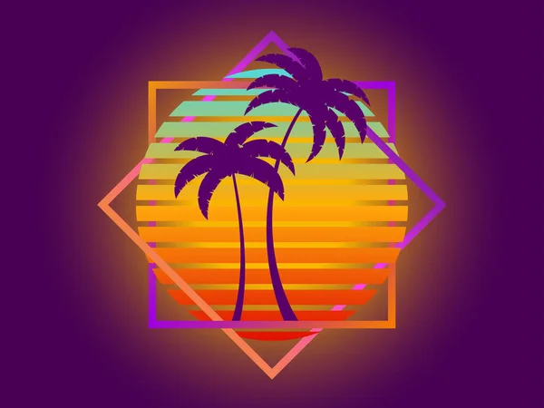 复古科幻棕榈树从80年代的日落 在一个正方形框架 带棕榈树的复古的未来主义太阳 合成波和逆波风格 设计广告横幅和海报 矢量说明 — 图库矢量图片