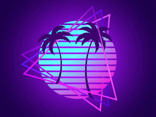 80年代复古科幻棕榈树日落在三角形框架 带棕榈树的复古的未来主义太阳 合成波和逆波风格 广告横幅和海报的设计 矢量说明 — 图库矢量图片