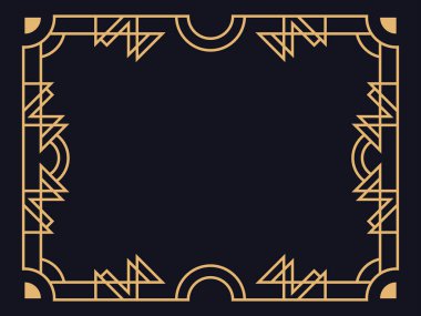 Art deco çerçeve. Siyah arka planda altın renkli klasik doğrusal kenar. Davetiyeler, broşürler ve tebrik kartları için bir şablon tasarla. 1920 'lerin tarzı - 1930' lar. Vektör illüstrasyonu