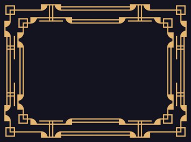 Art deco çerçeve. Siyah arka planda altın renkli klasik doğrusal kenar. Davetiyeler, broşürler ve tebrik kartları için bir şablon tasarla. 1920 'lerin tarzı - 1930' lar. Vektör illüstrasyonu
