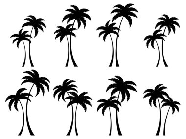Beyaz arkaplanda siyah palmiye ağaçları var. Kavisli gövdeli palmiye ağaçlarının siluetleri. Posterler, afişler ve promosyon ürünleri için palmiye ağaçları dizaynı. Vektör illüstrasyonu