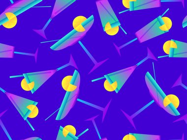 Kamış desenli kademeli kokteyller. 80 'ler tarzında bir pipet ve bir dilim limonla alkollü kokteyl. Bar menüsü, promosyon malzemesi ve afiş tasarımı. Vektör illüstrasyonu