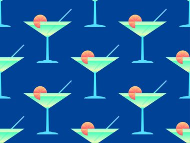 Vermut için koni camı olan kusursuz bir desen. Bir pipet ve bir dilim portakallı alkollü kokteyl. Değişik renkler. Bar menüleri, reklam malzemeleri ve afişler için tasarım. Vektör illüstrasyonu