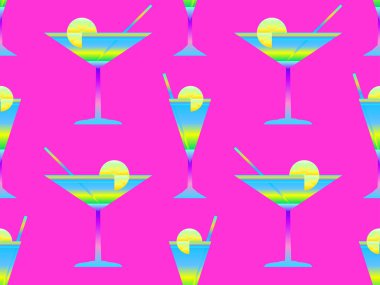 Pipetle kokteyl eşliğinde pürüzsüz bir desen. 80 'ler tarzında bir dilim limon ve pipetli vermut için koni camı. Duvar kağıdı ve afiş tasarımı. Vektör illüstrasyonu