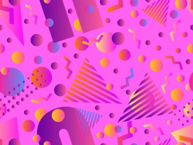 Geometrik gradyan şekilli kusursuz Memphis deseni. 80 'lerin tarzında renkli geometrik desen. Üçgen, daire ve zikzak. Afişler, promosyon ürünleri ve posterler için tasarım. Vektör illüstrasyonu