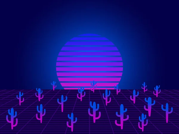 サボテンと80年代スタイルの視点グリッドとレトロな夕日 Gradient Desert Carnegie Cactus Synthwave Retrowave Style バナーやポスターのデザイン ベクターイラスト — ストックベクタ