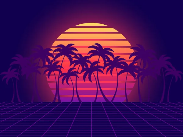 Retro Sci Background Retro Sun Palm Trees 80S Style Perspective — Stock Vector