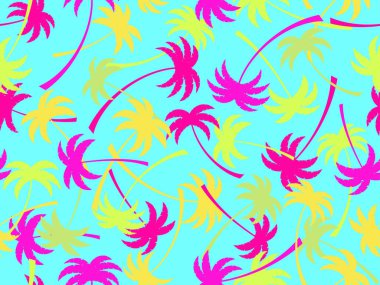 Palmiye ağaçları pürüzsüz. Yaz zamanı, renkli palmiye ağaçlarıyla tropik desenler. Tişört, pankart ve promosyon ürünleri için tasarım. Vektör illüstrasyonu