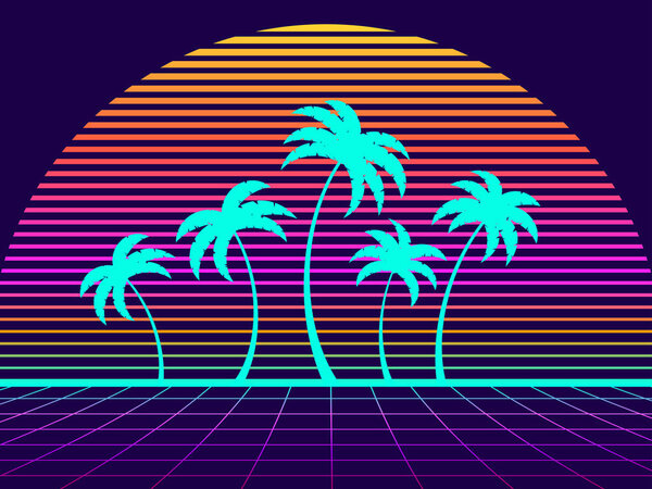 Retro sci-fi background with retro sun, palm trees and 80s style perspective grid. Futuristic sunset with palm trees. Synthwave and retrowave style. Design for banner and poster. Vector illustration