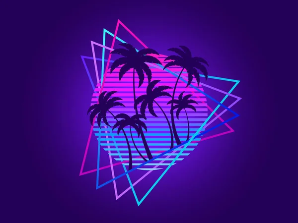 stock vector 80s retro sci-fi palm trees on a sunset in triangular frame. Retro futuristic sun with palm trees. Synthwave and retrowave style. Design for advertising banners and posters. Vector illustration
