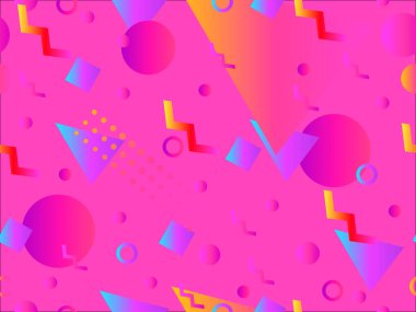 Geometrik gradyan şekilli kusursuz Memphis deseni. 80 'lerin tarzında renkli geometrik desen. Üçgen, daire ve zikzak. Afişler, promosyon ürünleri ve posterler için tasarım. Vektör illüstrasyonu