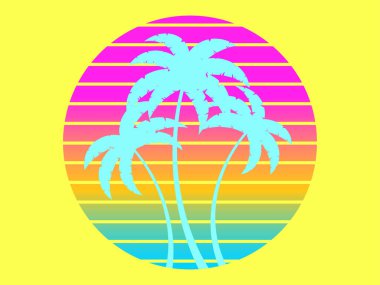 80 'lerin modası geçmiş bilim kurgu tarzında günbatımında palmiye ağaçları. Sarı arka planda mavi palmiye ağaçları olan geçmişten gelen fütürist güneş. Sentetik dalga tarzında afiş ve poster tasarımı. Vektör illüstrasyonu