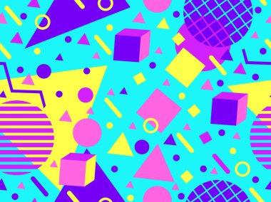 Geometric seamless pattern with 3d shapes in 80s memphis style. Isometric 3D geometric shapes in different colors. Design for printing on paper, banners and wallpapers. Vector illustration