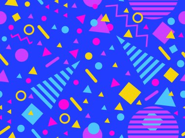 80 'lerin tarzında, geometrik şekilli, kusursuz Memphis deseni. Çok renkli geometrik şekiller. Promosyon ürünleri tasarımı, ambalaj kağıdı, kapak ve baskı. Vektör illüstrasyonu