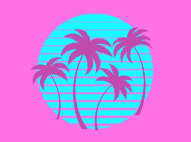 80 'lerin tarzında gün batımında palmiye ağaçlarının siluetleri. Sentetik dalgalı tropikal palmiye ağaçları ve retrodalga tarzı geçmişe dönük güneş. Afişler ve posterler için tasarım. Vektör illüstrasyonu