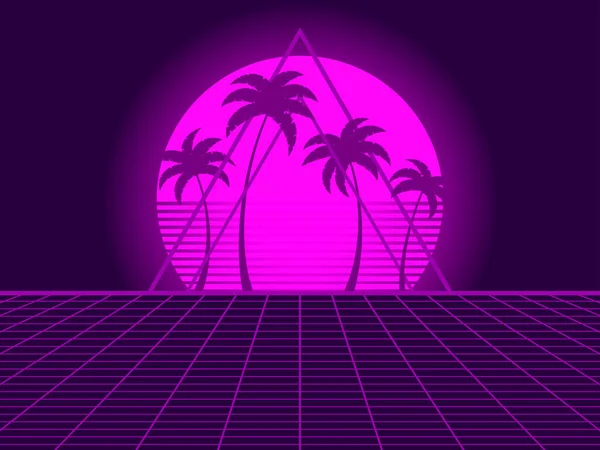 stock vector Retro sci-fi background with retro sun, palm trees and 80s style perspective grid. Futuristic sunset with palm trees. Synthwave and retrowave style. Design for banner and poster. Vector illustration